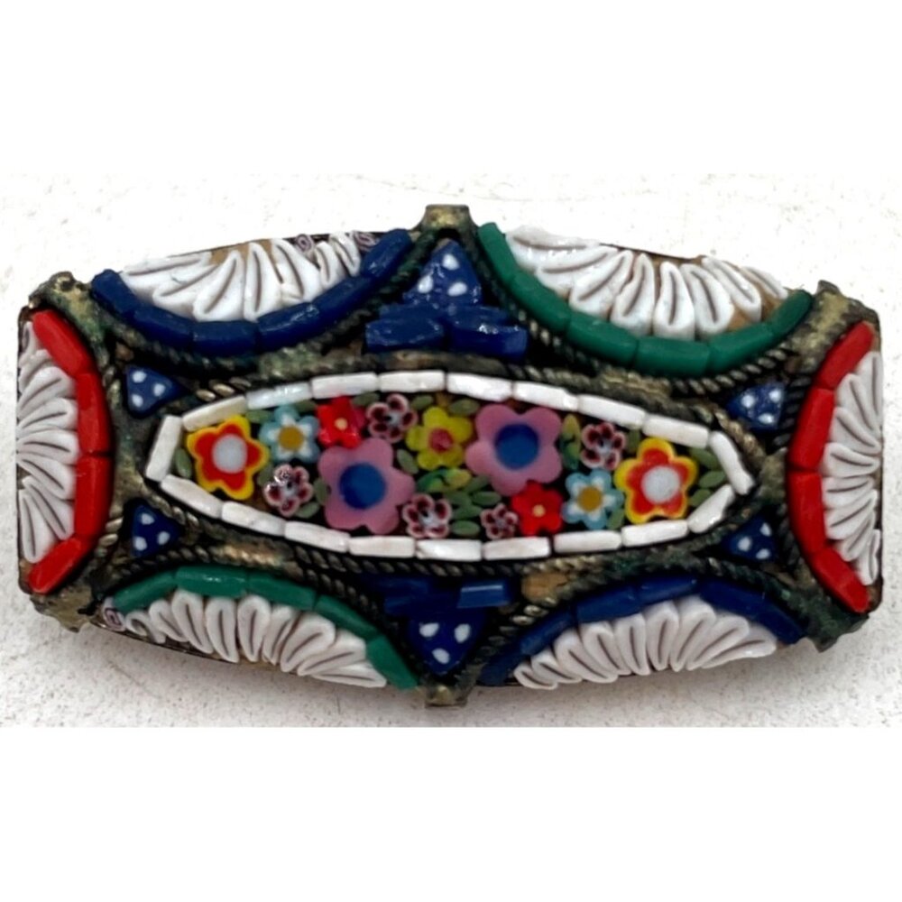 Antique Italian Micro Mosaic Floral Brooch Pin 1.25" Glass Tesserae Estate